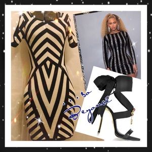 Aqua patterned party dress from Bloomingdales.